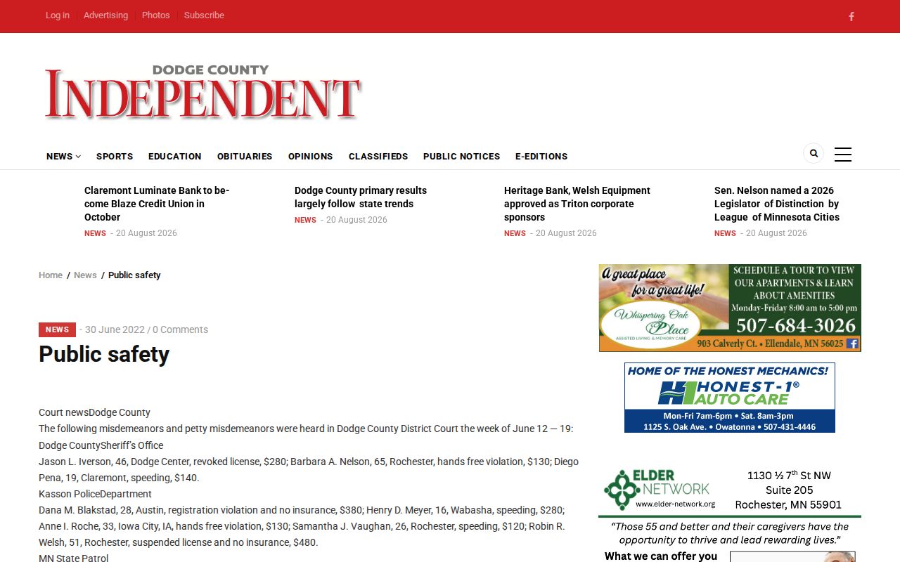 Dodge County crime news source for booking-record context at the Dodge County Independent