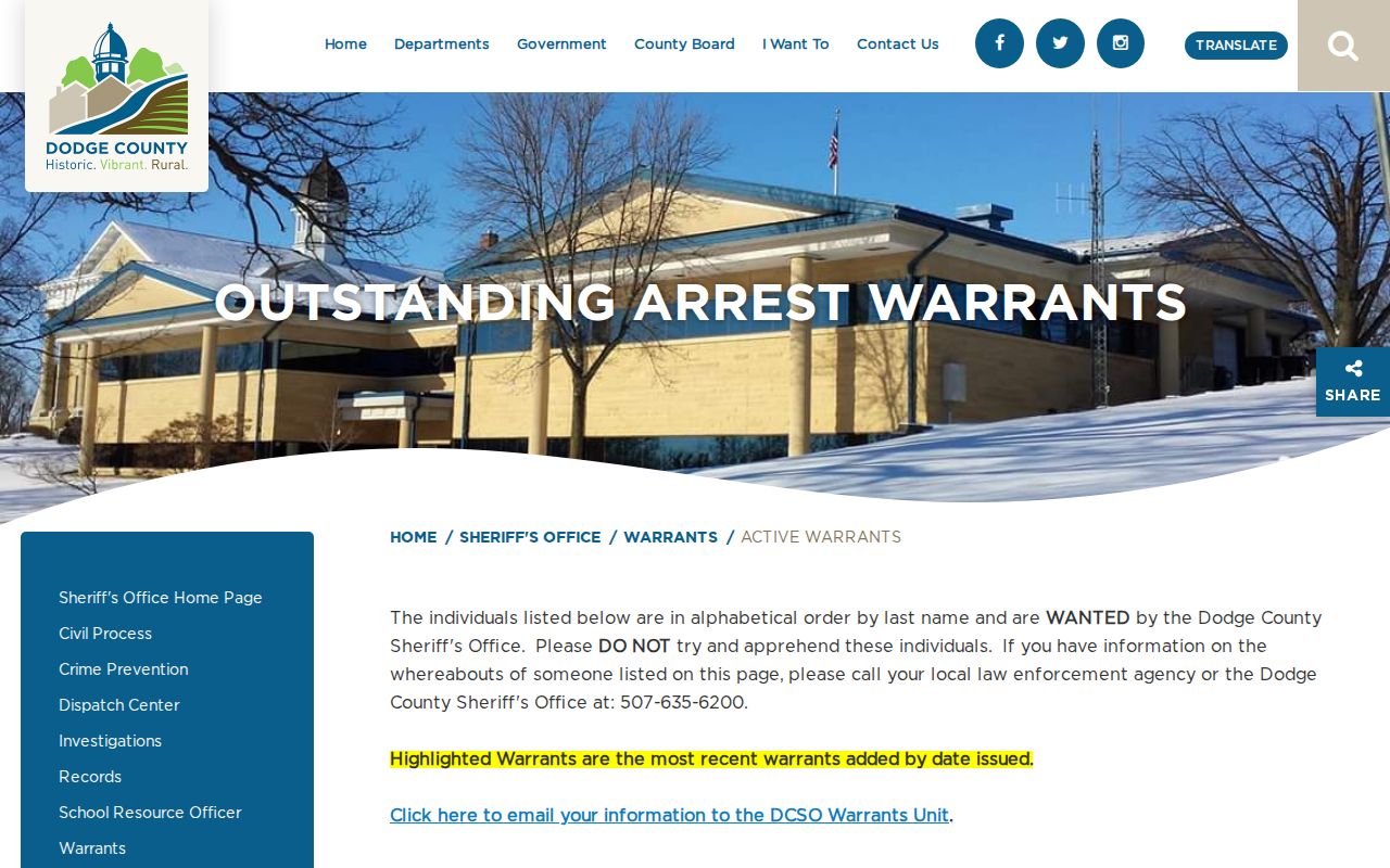 Dodge County historical active-warrants source page for wanted-record context